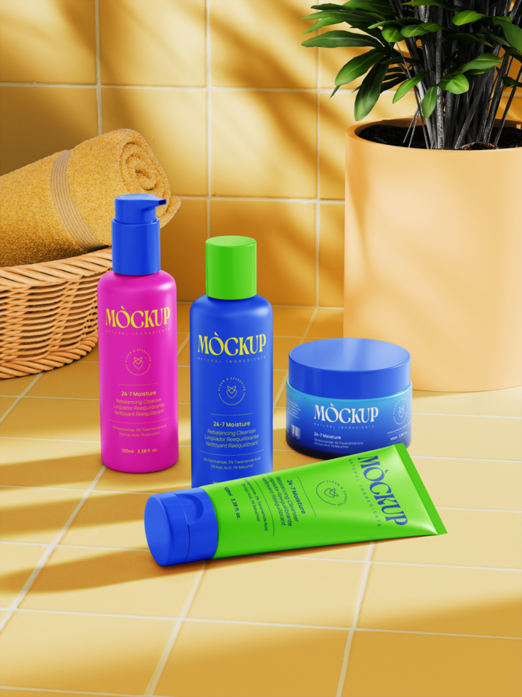 Set of vibrant cosmetic containers including bottles and tubes placed on tiled counter with soft towel and plant decor psd
