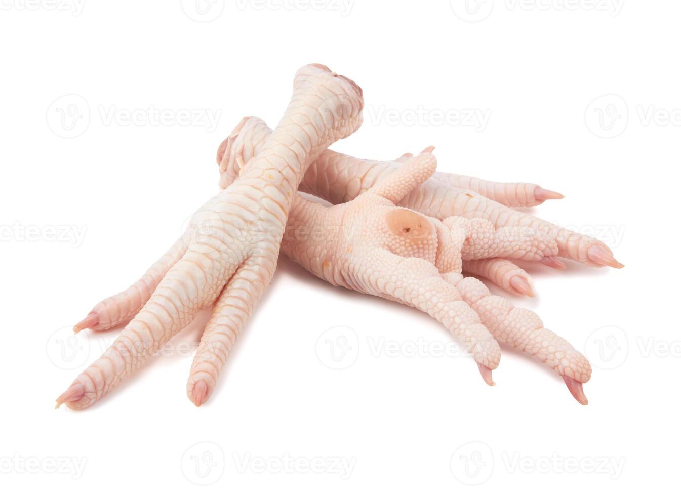 Raw chicken feet on a white photo