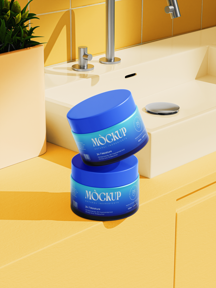 Stack of round cosmetic cream jars mockup on bathroom counter with sink faucet psd