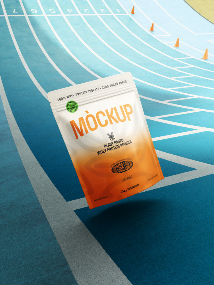 Matte protein powder pouch mockup placed on athletic running track with dramatic shadows and sunlight psd