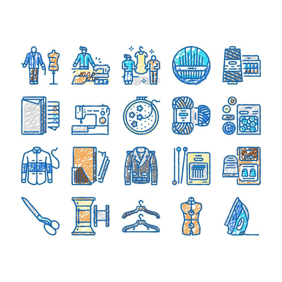 Tailor Worker Sewing Occupation Icons hand drawn vector