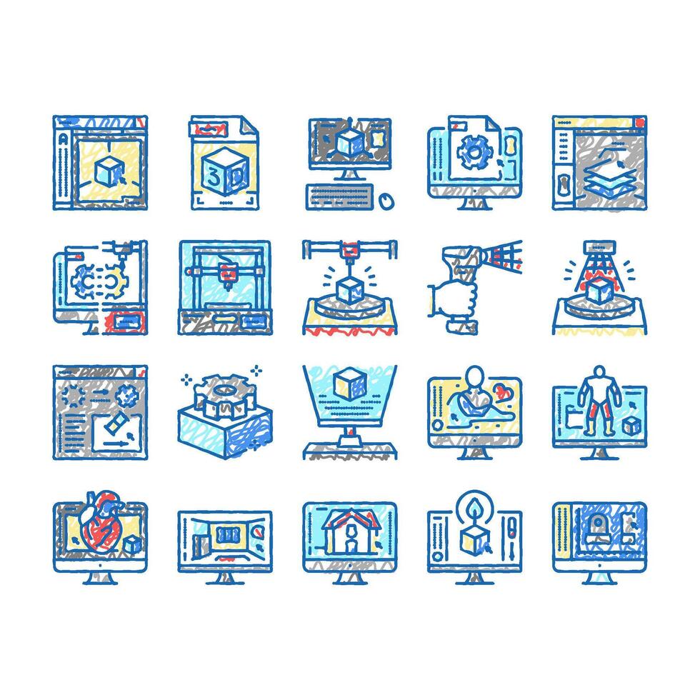 3d Modelling Software And Device Icons hand drawn vector