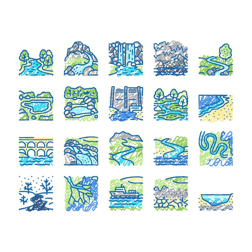 River And Lake Nature Landscape Icons hand drawn vector