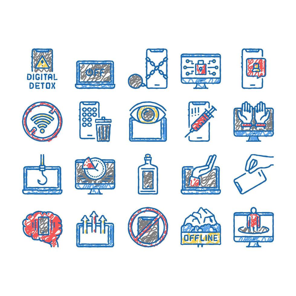 Digital Device Detox set Icons hand drawn vector