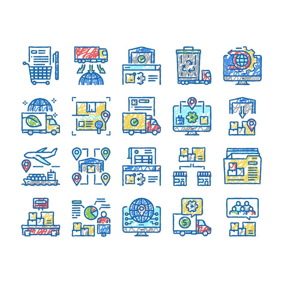 Logistics Business set Icons hand drawn Illustration vector