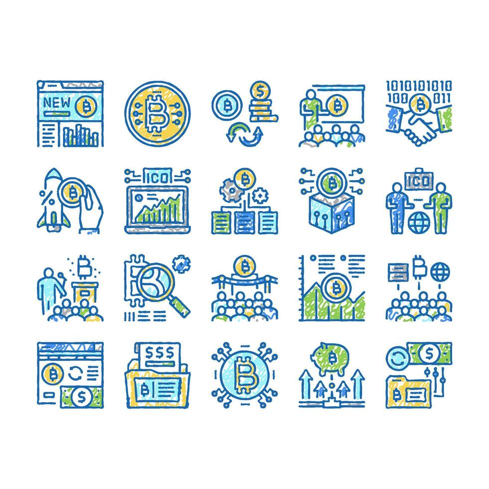 Ico Initial Coin Offer set Icons hand drawn vector