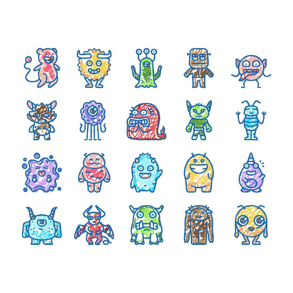 monster funny cute alien icons hand drawn vector