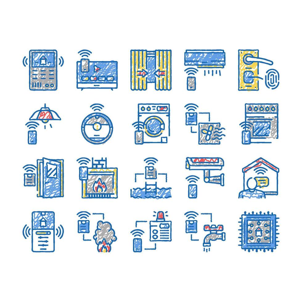 Smart Home Equipment set Icons hand drawn vector