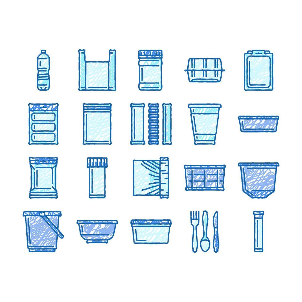 plastic packaging food container icons hand drawn vector