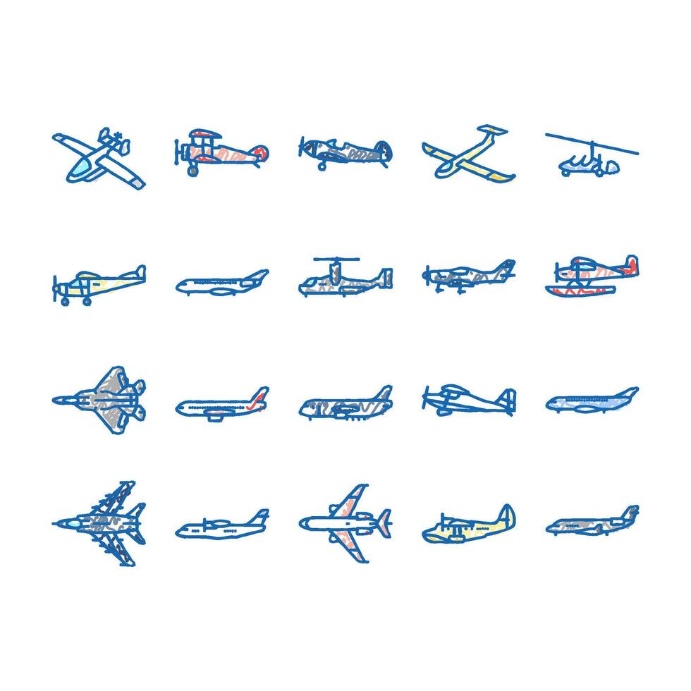 airplane aircraft plane travel icons hand drawn vector