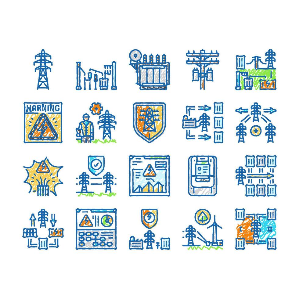 electric grid energy power icons hand drawn vector