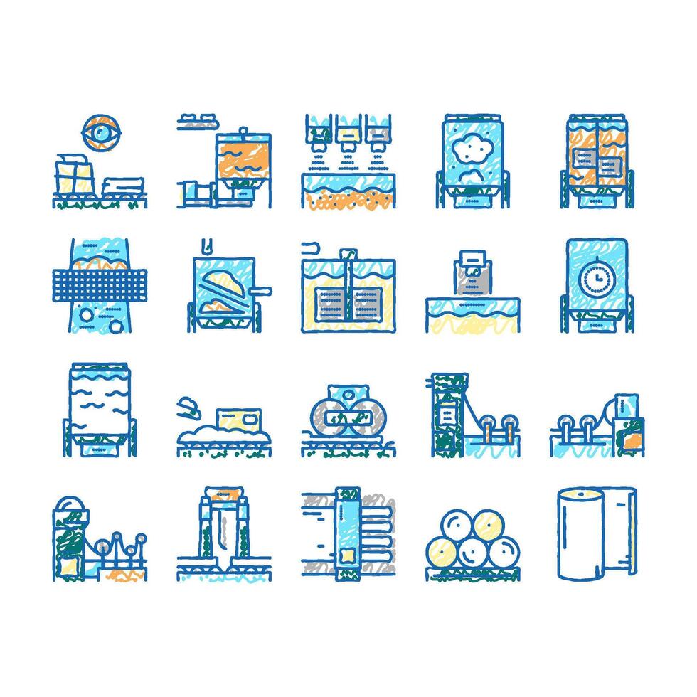 Paper Production Plant set Icons hand drawn vector