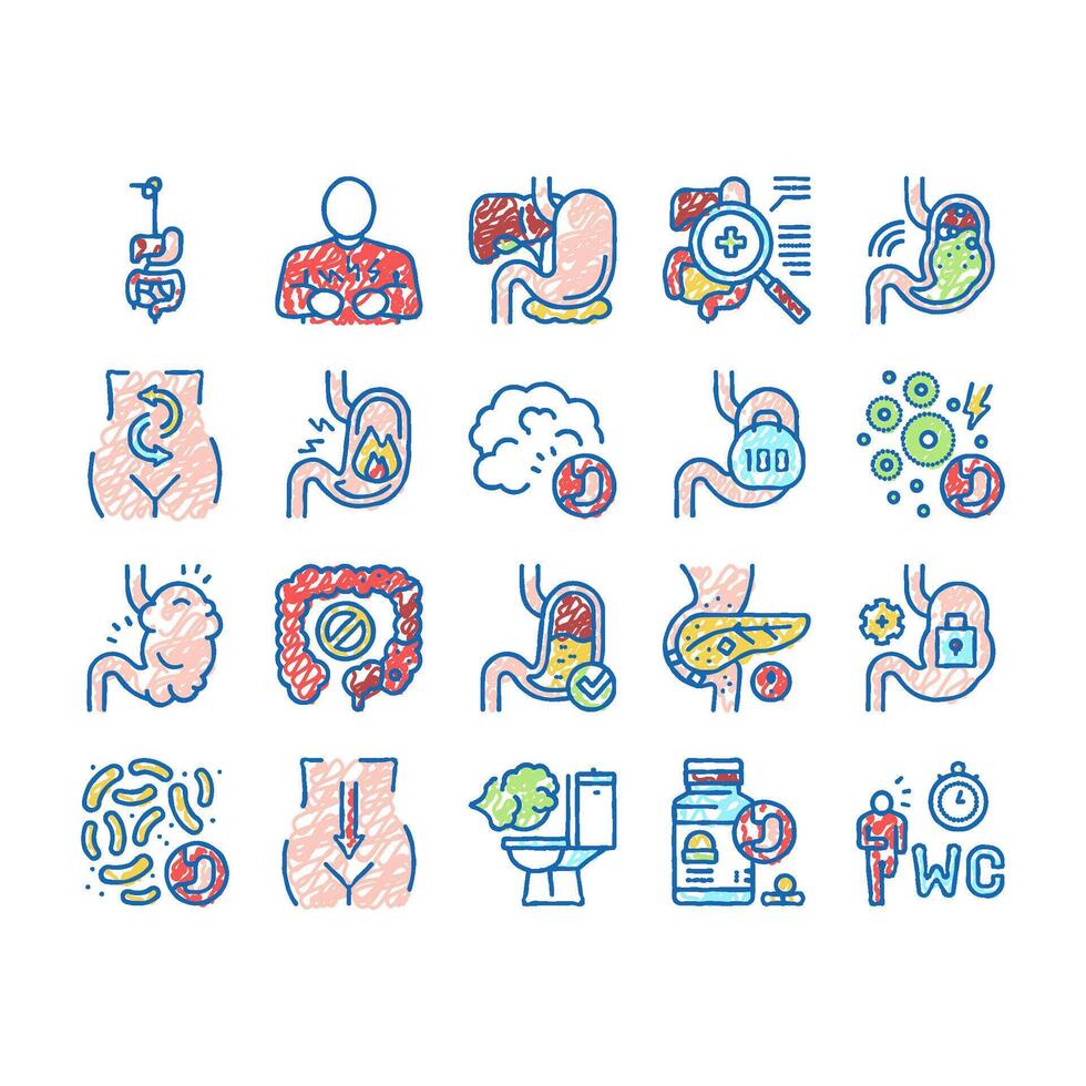 Digestion Disease And Treatment Icons hand drawn vector