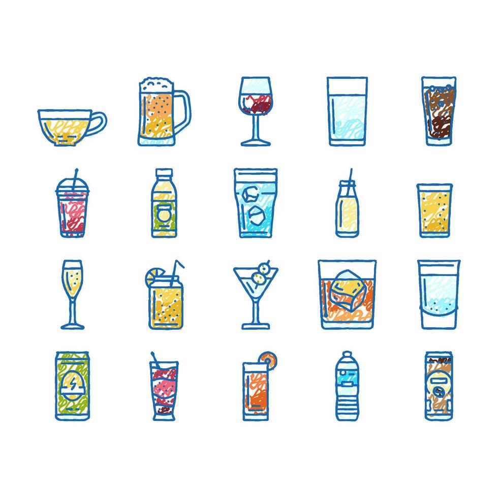 beverage drink juice fresh water icons hand drawn vector