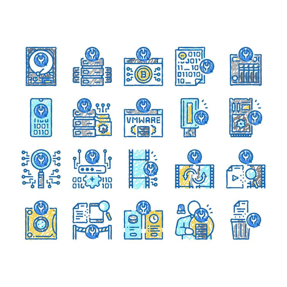 Data Recovery Computer Processing Icons hand drawn vector