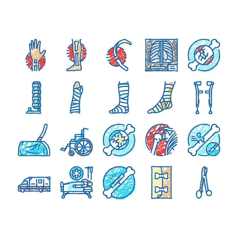 fracture injury bone break icons hand drawn vector