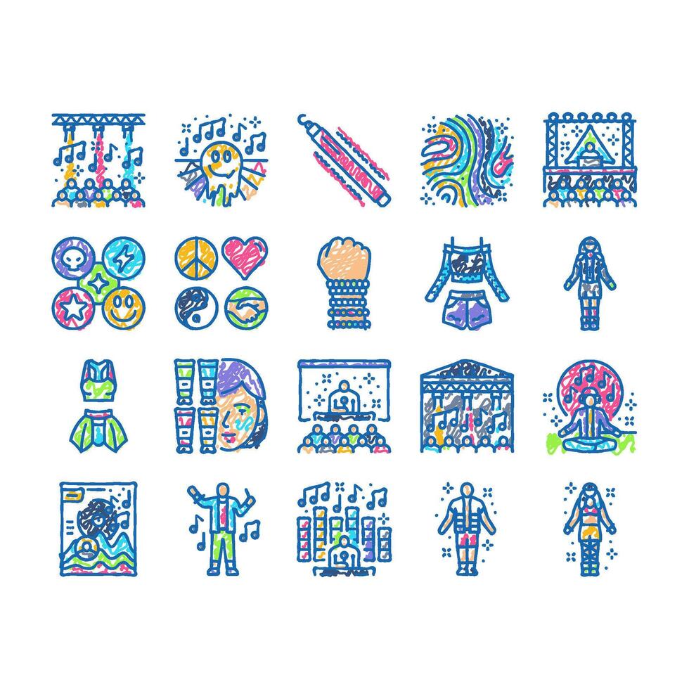 rave retro party music icons hand drawn vector