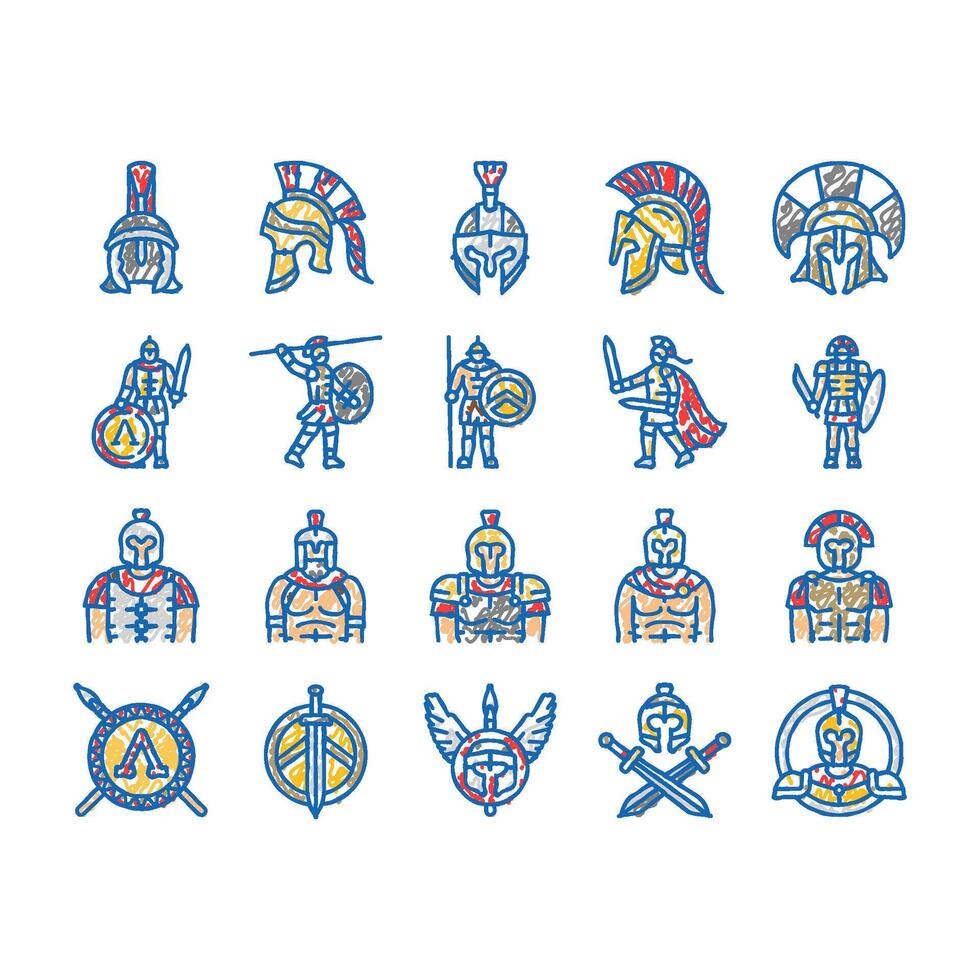 spartan warrior helmet roman icons hand drawn vector