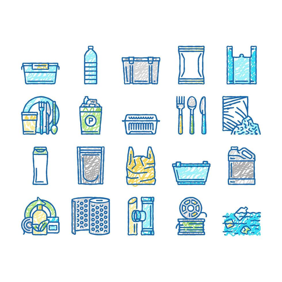 Plastic Accessories And Utensil Icons hand drawn vector