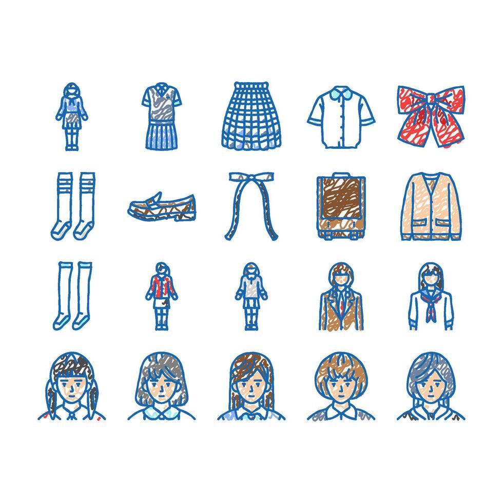 japanese school girl korea child icons hand drawn vector