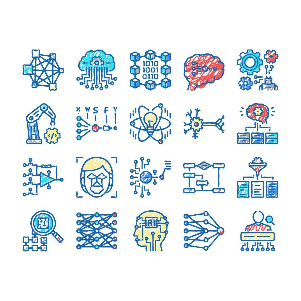 Neural Network And Ai set Icons hand drawn vector
