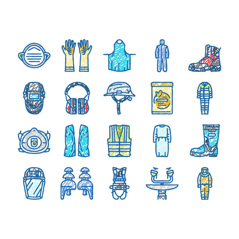 ppe protective safety kit icons hand drawn vector