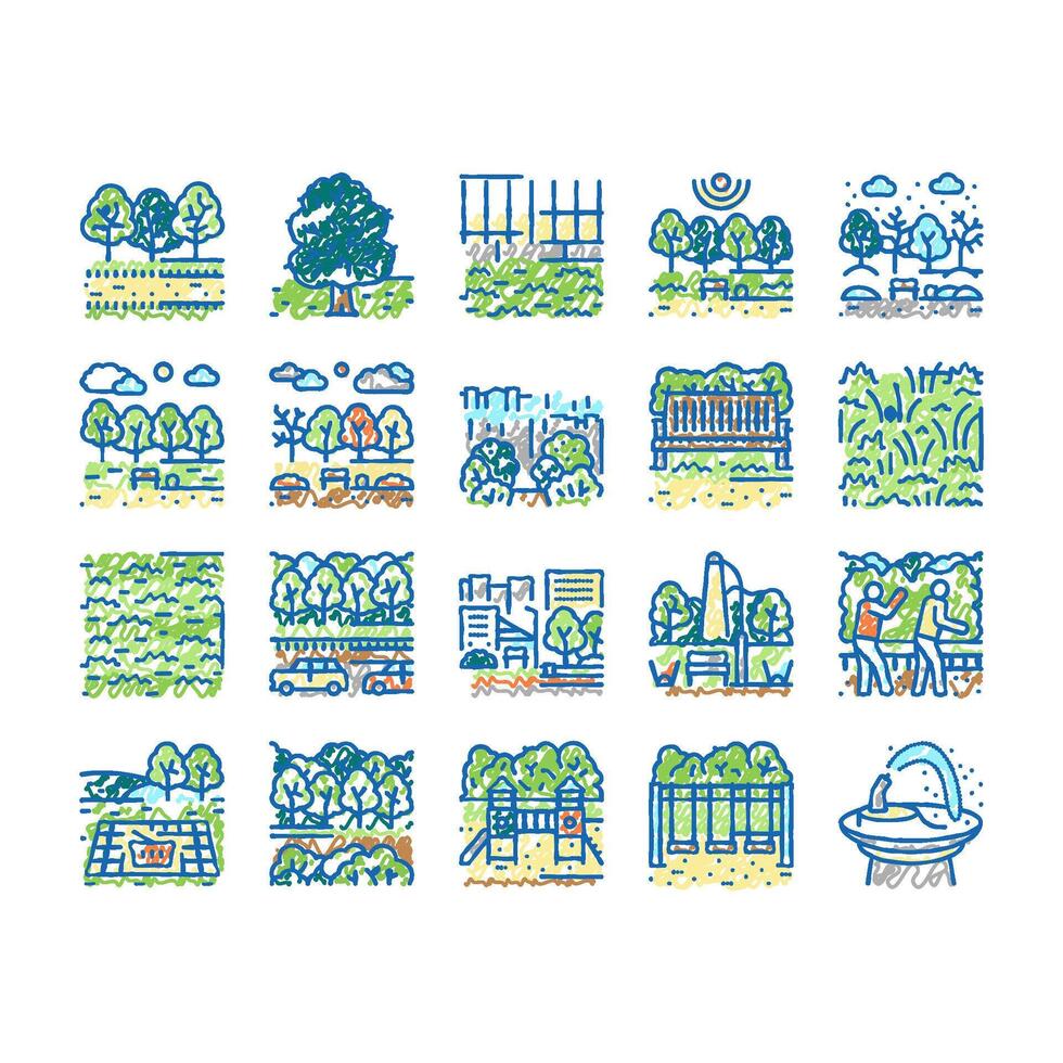 Park Meadow Nature And Playground Icons hand drawn vector