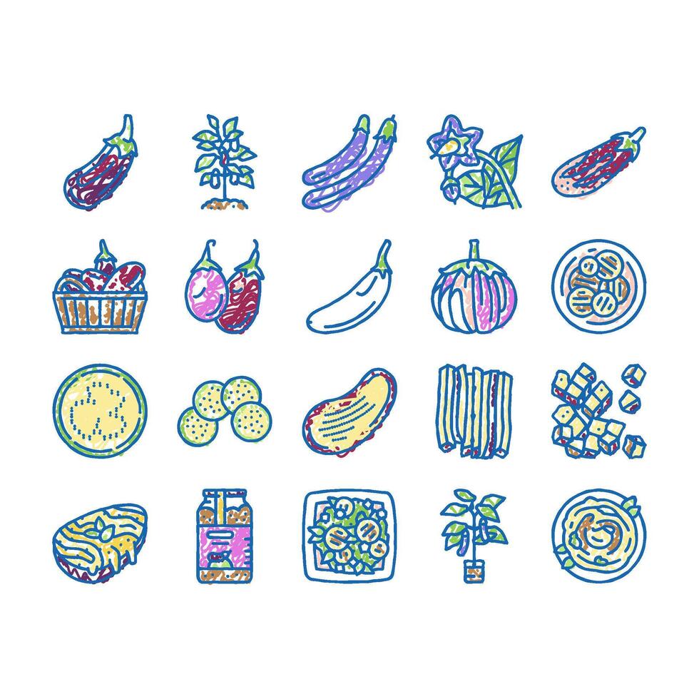 Eggplant Vitamin Bio Vegetable Icons hand drawn vector