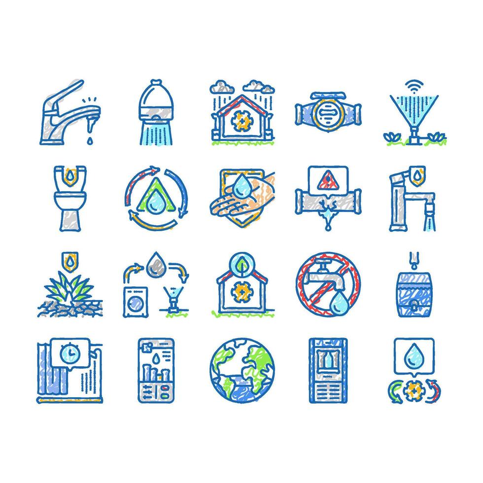 water saving world drop planet icons hand drawn vector