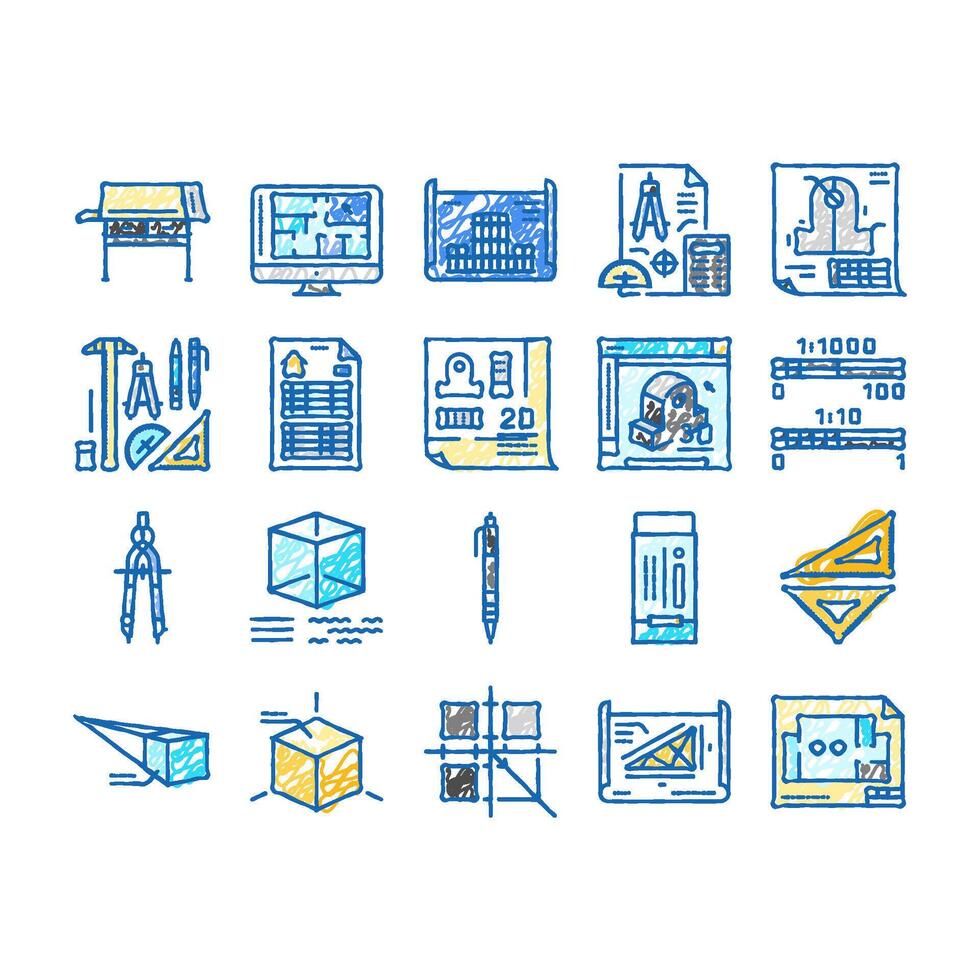 engineer construction architect icons hand drawn vector