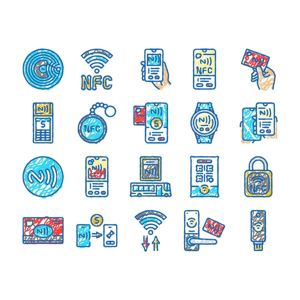 nfc technology contactless icons hand drawn vector