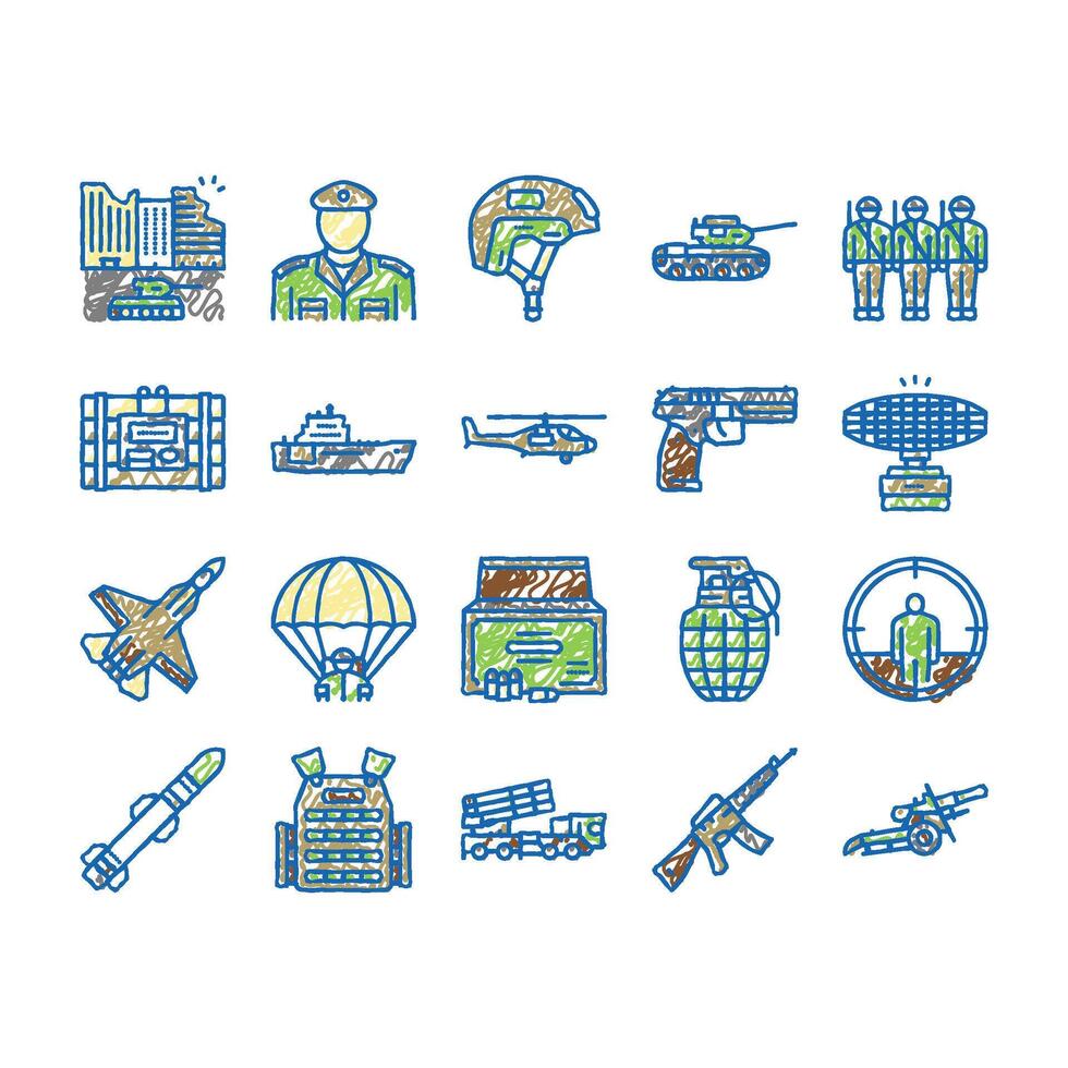 Army Soldier And War Technics Icons hand drawn vector