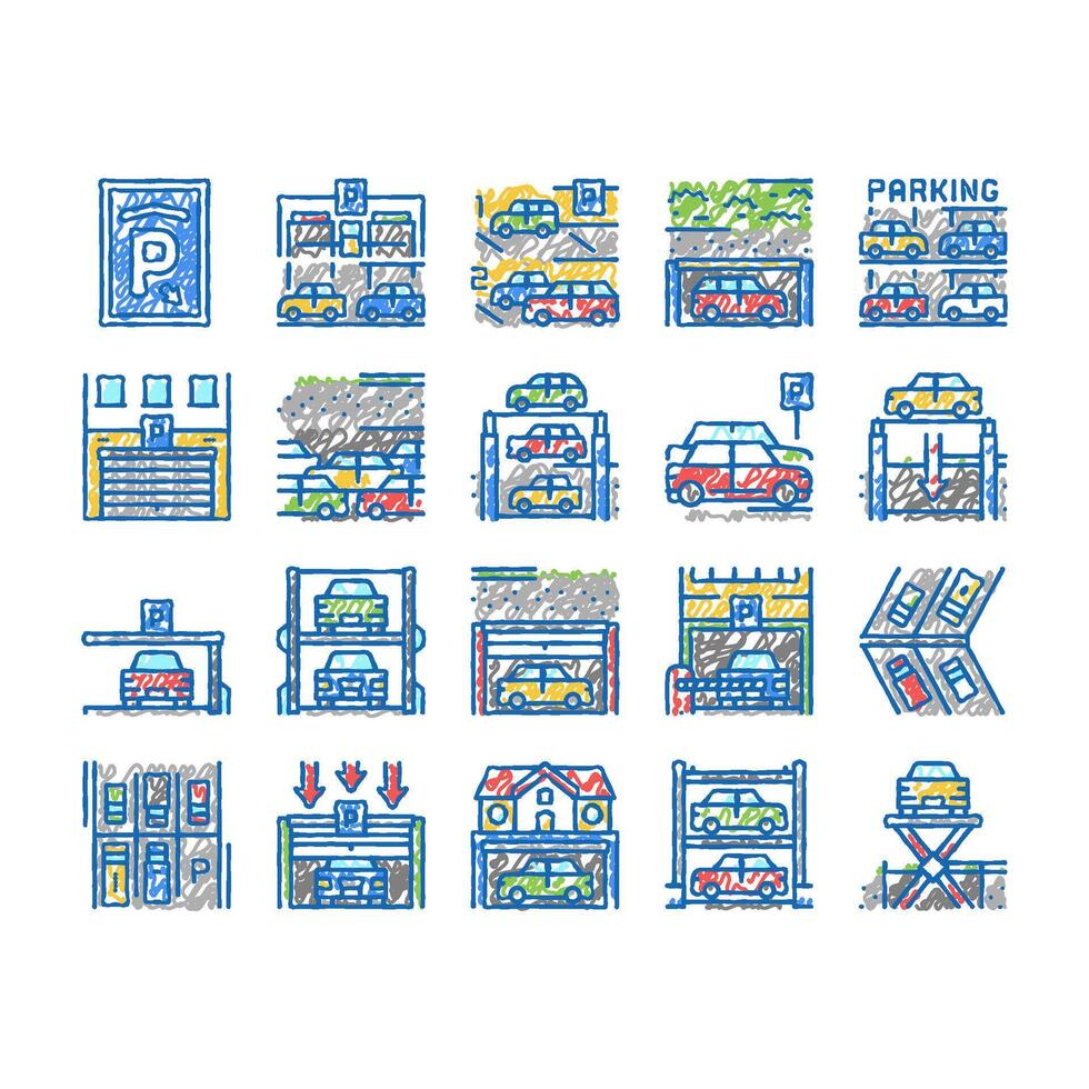 Underground Parking set Icons hand drawn vector