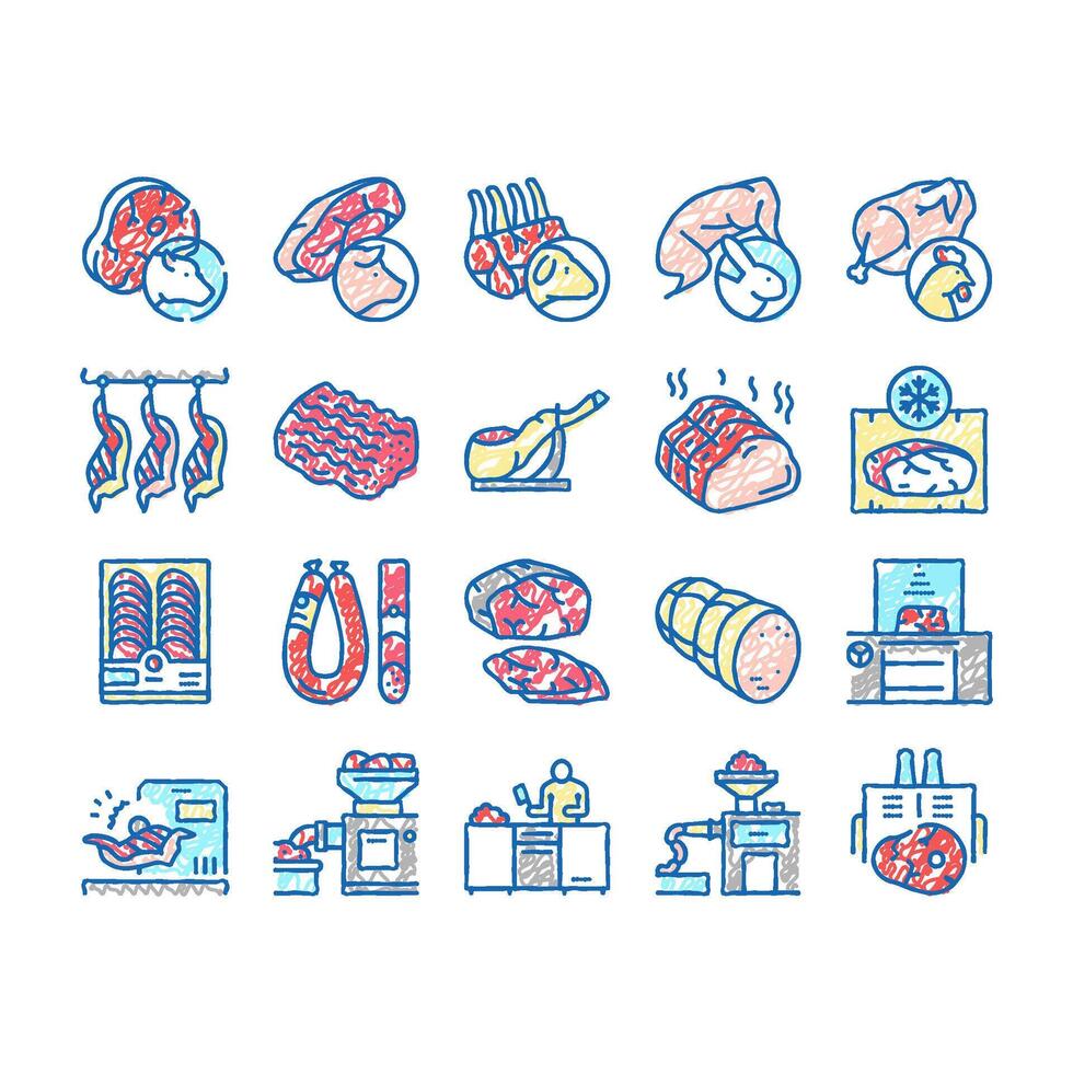 Meat Factory Product set Icons hand drawn vector