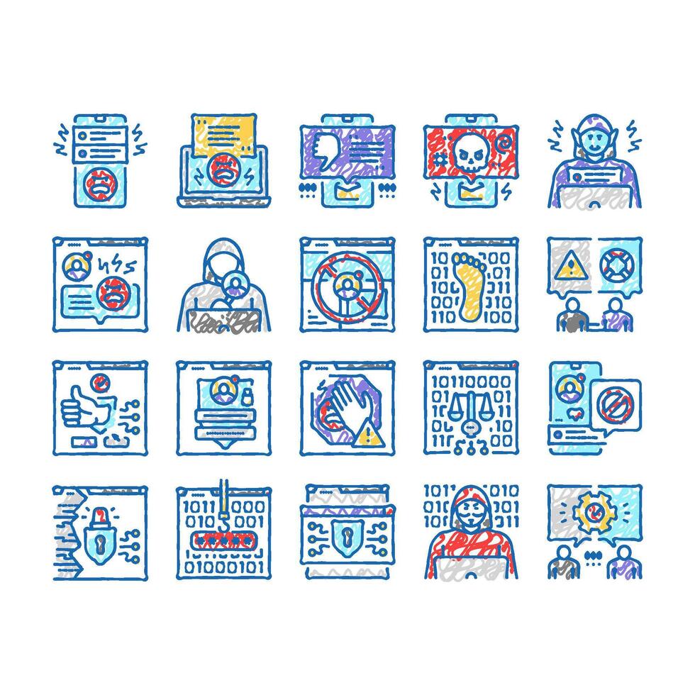 cyberbullying cyber online icons hand drawn vector