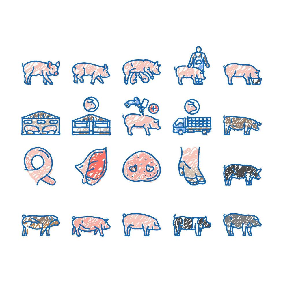 pork pig farm animal piglet hog icons hand drawn vector