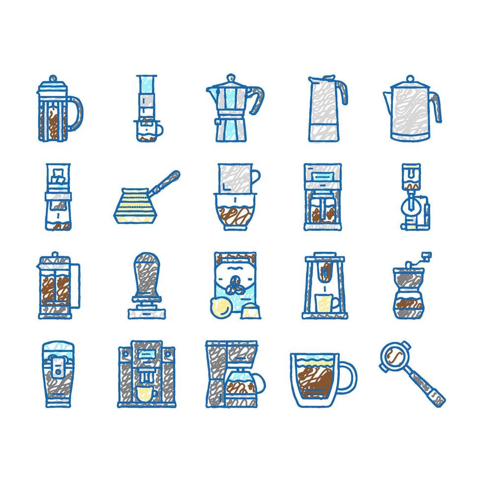 Coffee Make Machine And Accessory Icons hand drawn vector
