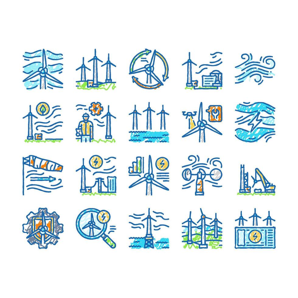 wind turbine power energy farm icons hand drawn vector