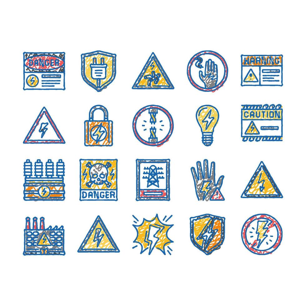 electric danger shock power icons hand drawn vector