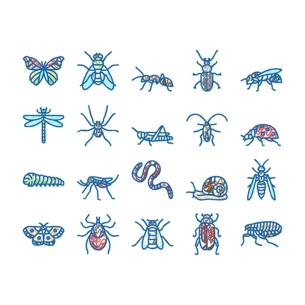 Insect, Spider And Bug Wildlife Icons hand drawn vector