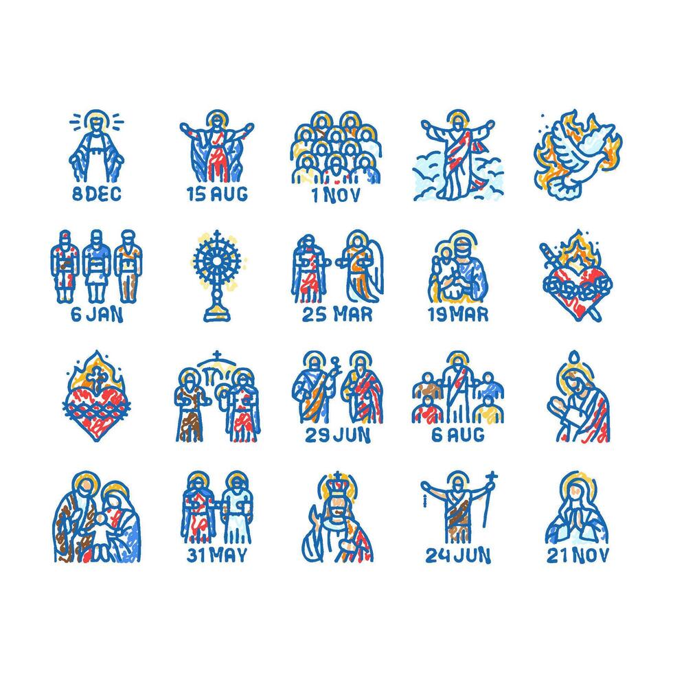 catholic holidays church easter icons hand drawn vector