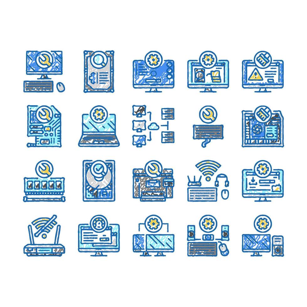 repair computer pc service icons hand drawn vector