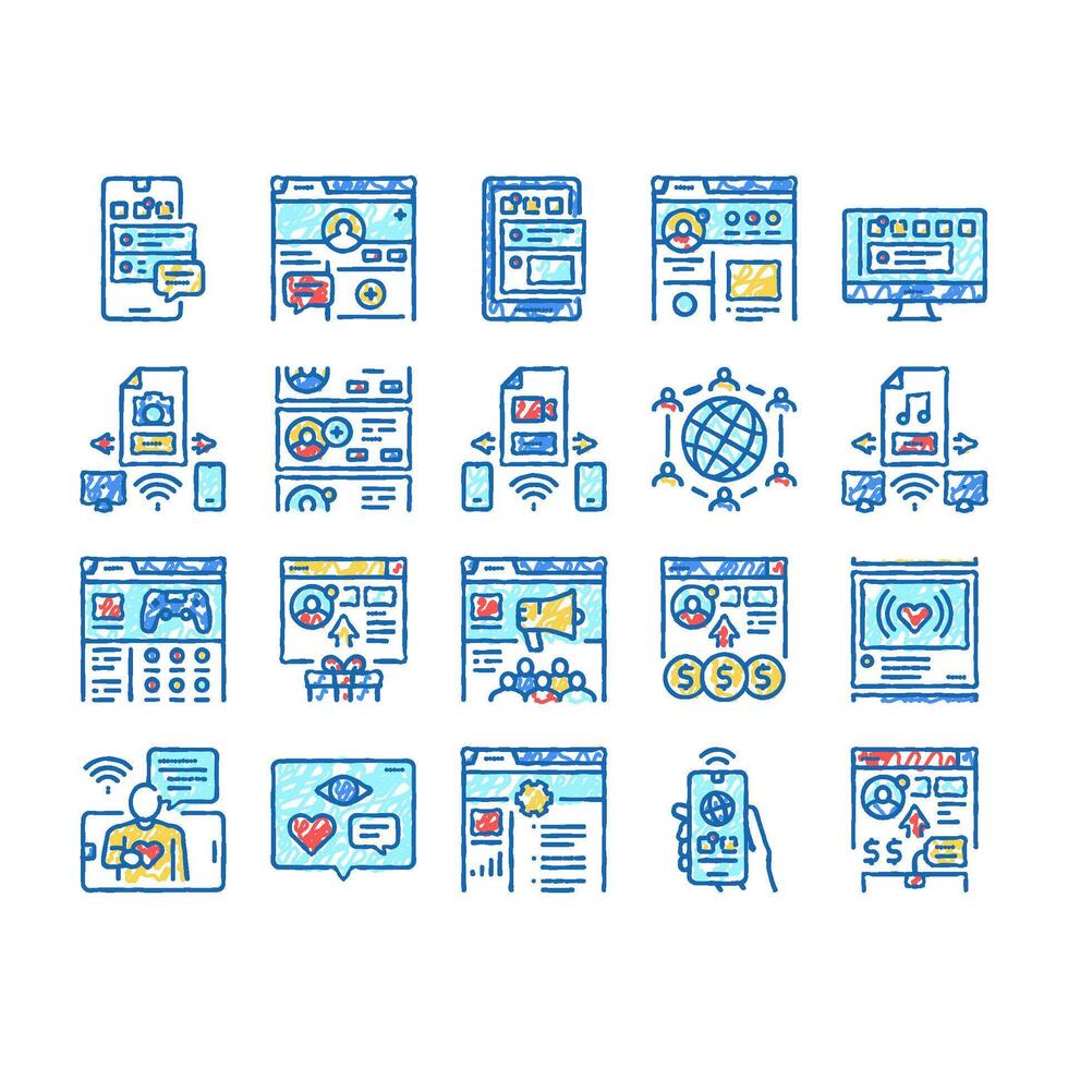 Internet Social Media set Icons hand drawn vector
