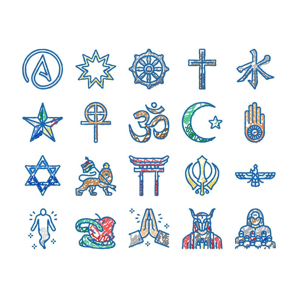 Religion, Prayer Cult And Atheism Icons hand drawn vector