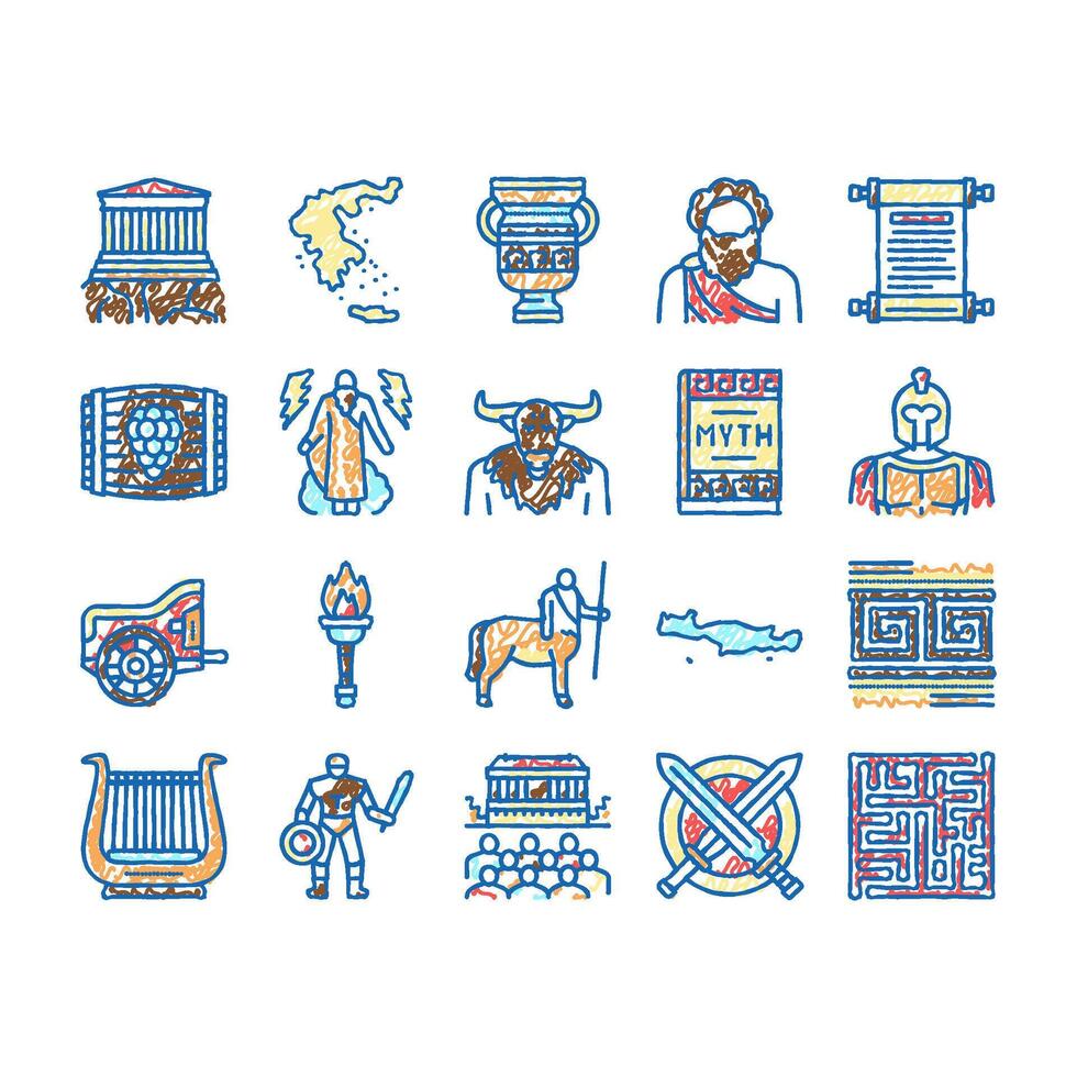 Ancient Greece Mythology History Icons hand drawn vector