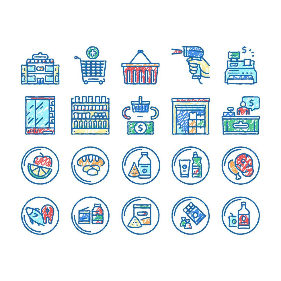 Supermarket Store set Icons hand drawn Illustrations vector