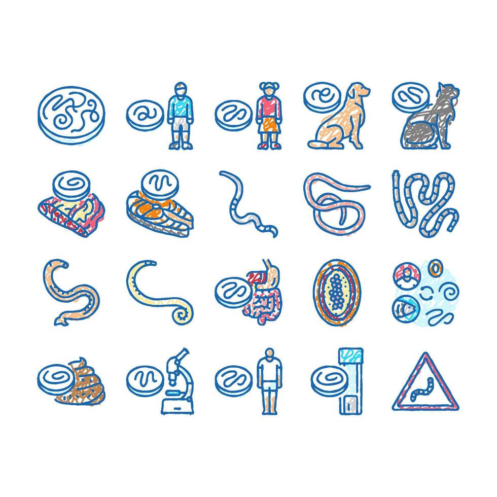 helminth worm parasite roundworm icons hand drawn vector