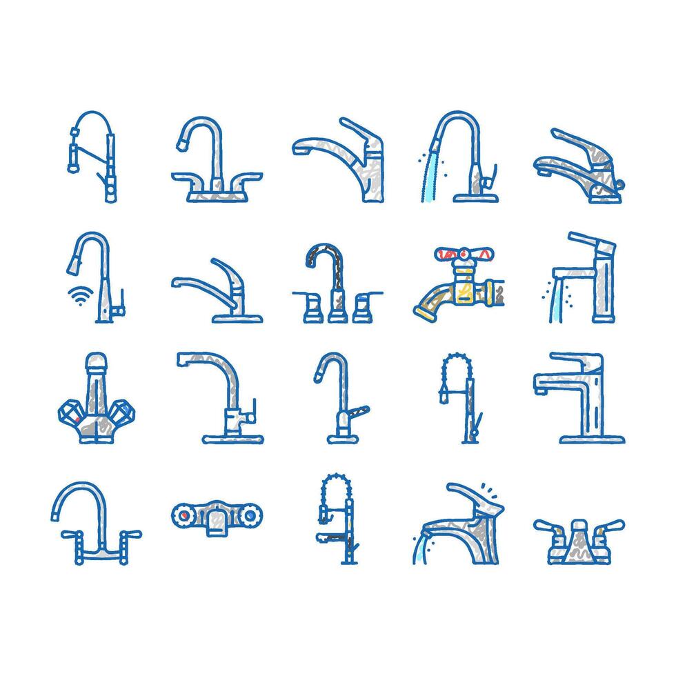 faucet water sink tap bathroom icons hand drawn vector
