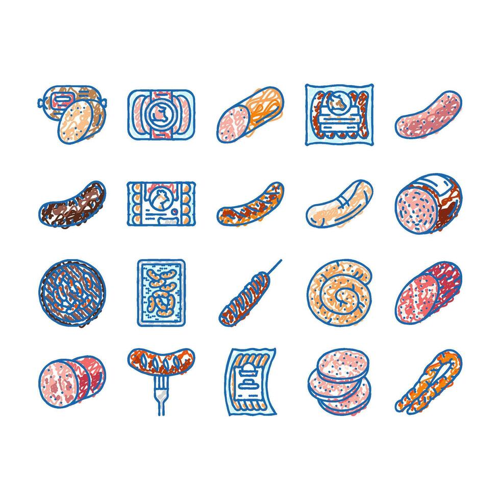 sausage grill barbecue pork icons hand drawn vector