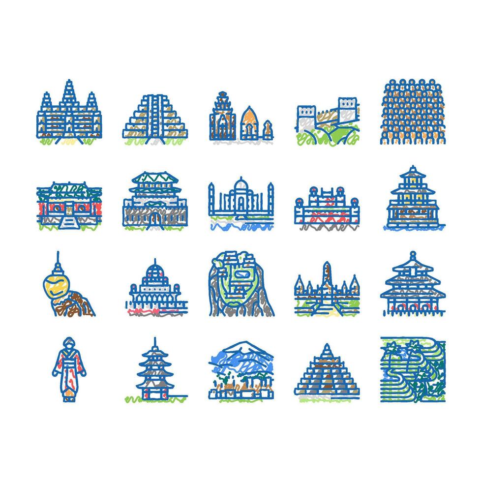 Asia Building And Land Scape Icons hand drawn vector